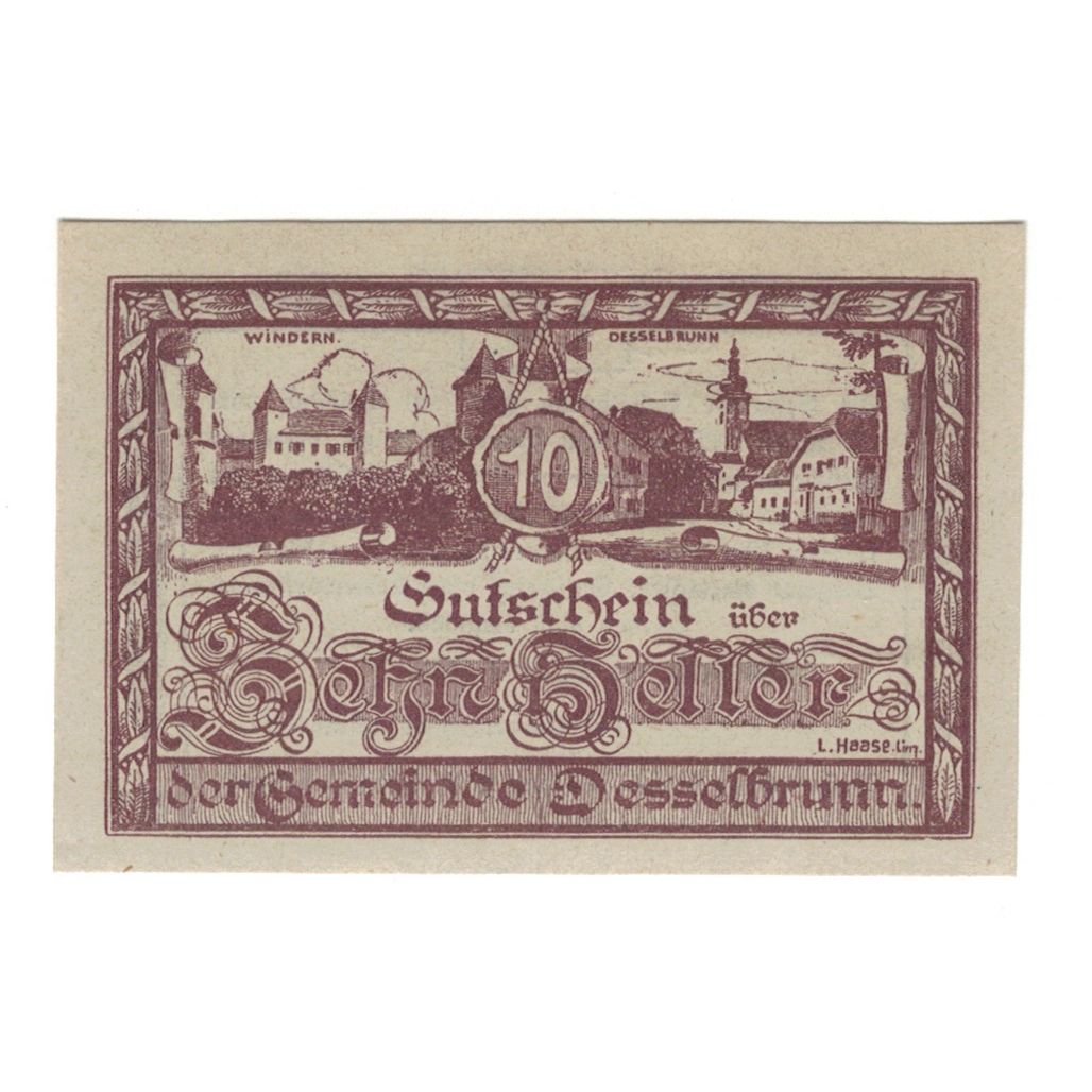 Billete, Austria, Desselbrunn O.Ö. Gemeinde, 10 Heller, Texte, 1920