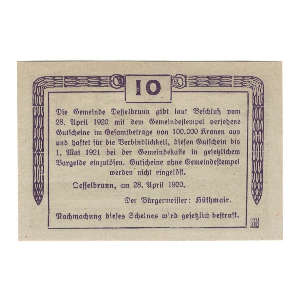 Billete, Austria, Desselbrunn O.Ö. Gemeinde, 10 Heller, Texte, 1920