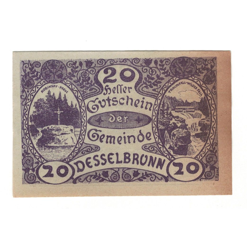 Banknot, Austria, Desselbrunn O.Ö. Gemeinde, 20 Heller, Texte, 1920