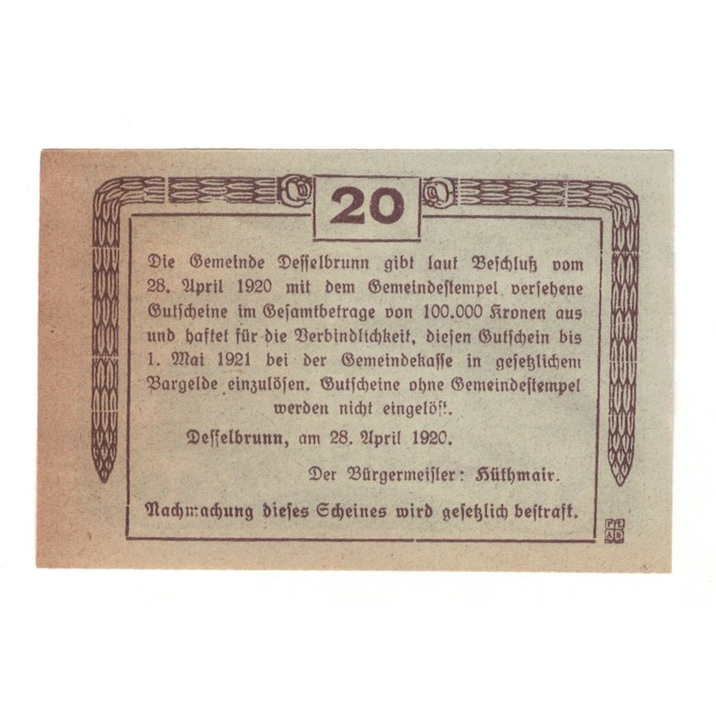 Banknot, Austria, Desselbrunn O.Ö. Gemeinde, 20 Heller, Texte, 1920
