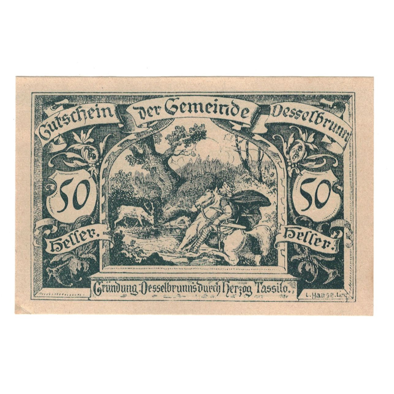 Banknot, Austria, Desselbrunn O.Ö. Gemeinde, 50 Heller, Texte, 1920