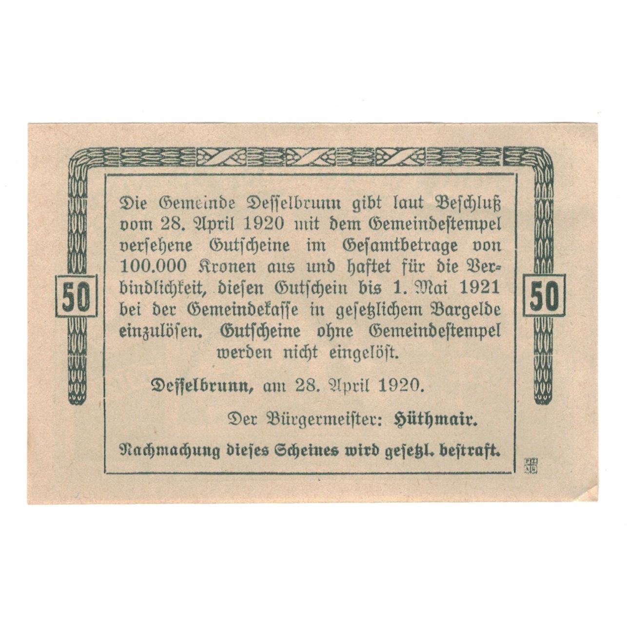 Banknot, Austria, Desselbrunn O.Ö. Gemeinde, 50 Heller, Texte, 1920
