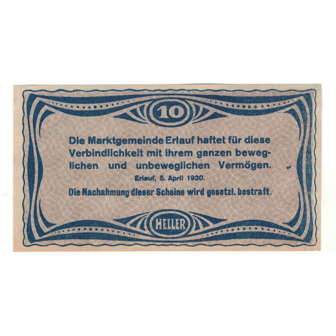Banknot, Austria, Erlauf im Nibelungengau N.Ö. Marktgemeinde, 10 Heller, Texte
