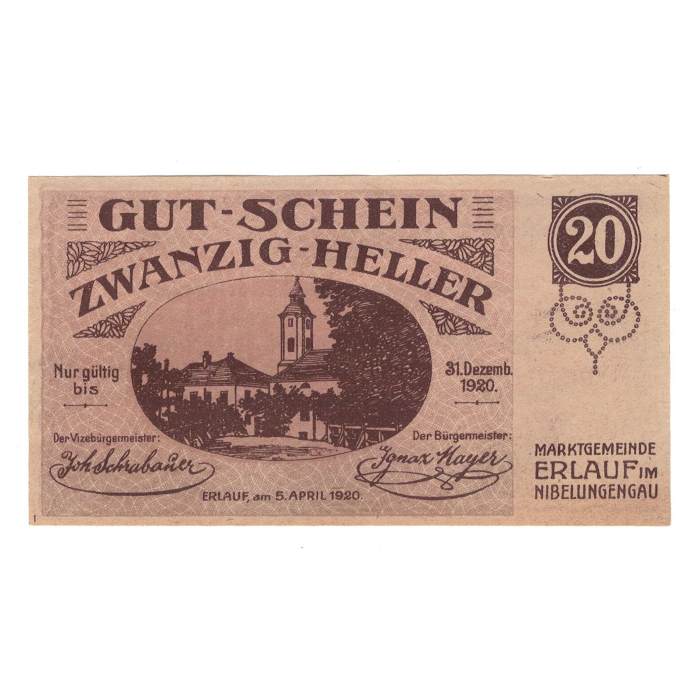 Billete, Austria, Erlauf im Nibelungengau N.Ö. Marktgemeinde, 20 Heller, Texte