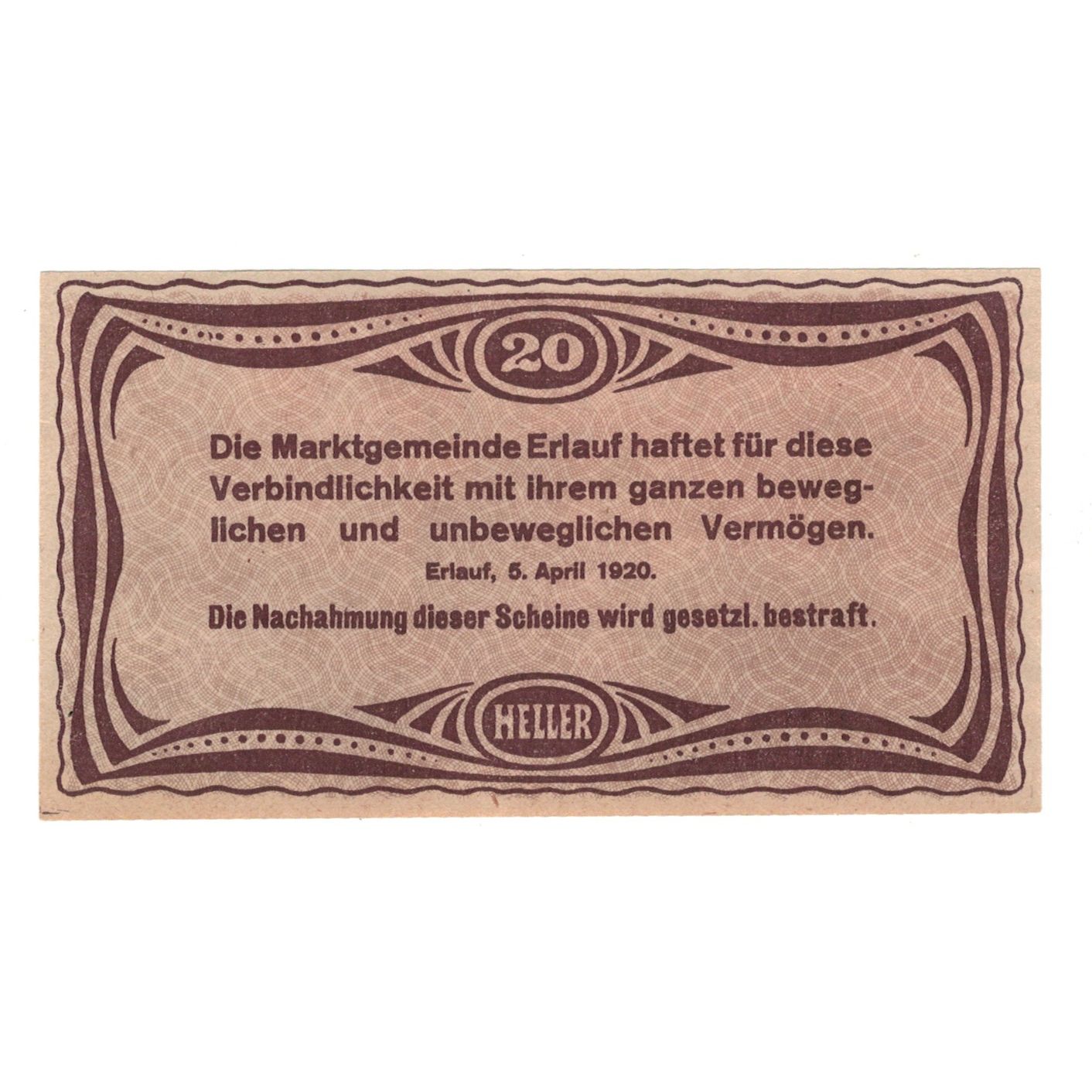 Billete, Austria, Erlauf im Nibelungengau N.Ö. Marktgemeinde, 20 Heller, Texte