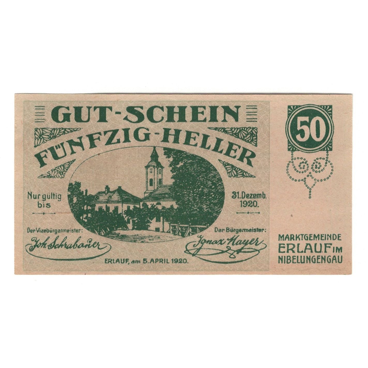 Nota, Áustria, Erlauf im Nibelungengau N.Ö. Marktgemeinde, 50 Heller, Texte