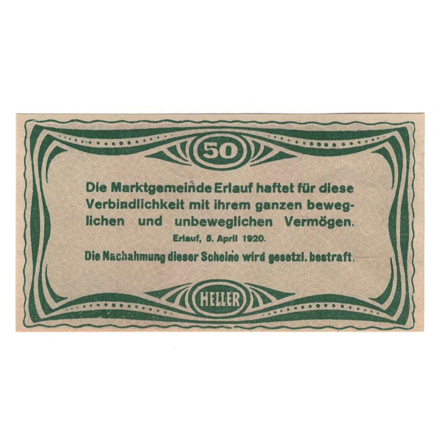 Nota, Áustria, Erlauf im Nibelungengau N.Ö. Marktgemeinde, 50 Heller, Texte