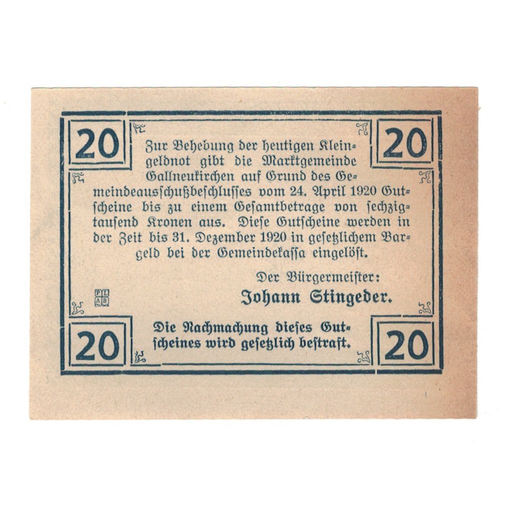 Banknot, Austria, Gallneukirchen O.Ö. Marktgemeinde, 20 Heller, Texte, 1920