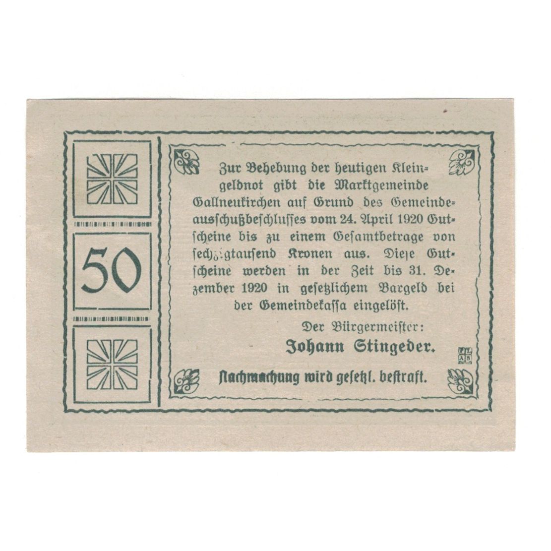 Banknot, Austria, Gallneukirchen O.Ö. Marktgemeinde, 50 Heller, Texte, 1920