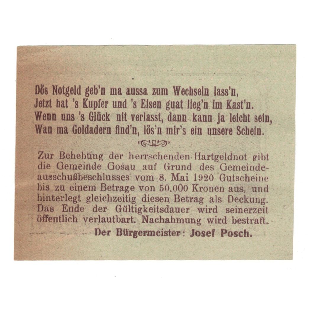 Billet, Autriche, Gosau O.Ö. Gemeinde, 20 Heller, Texte, 1920, 1920-05-08, SUP