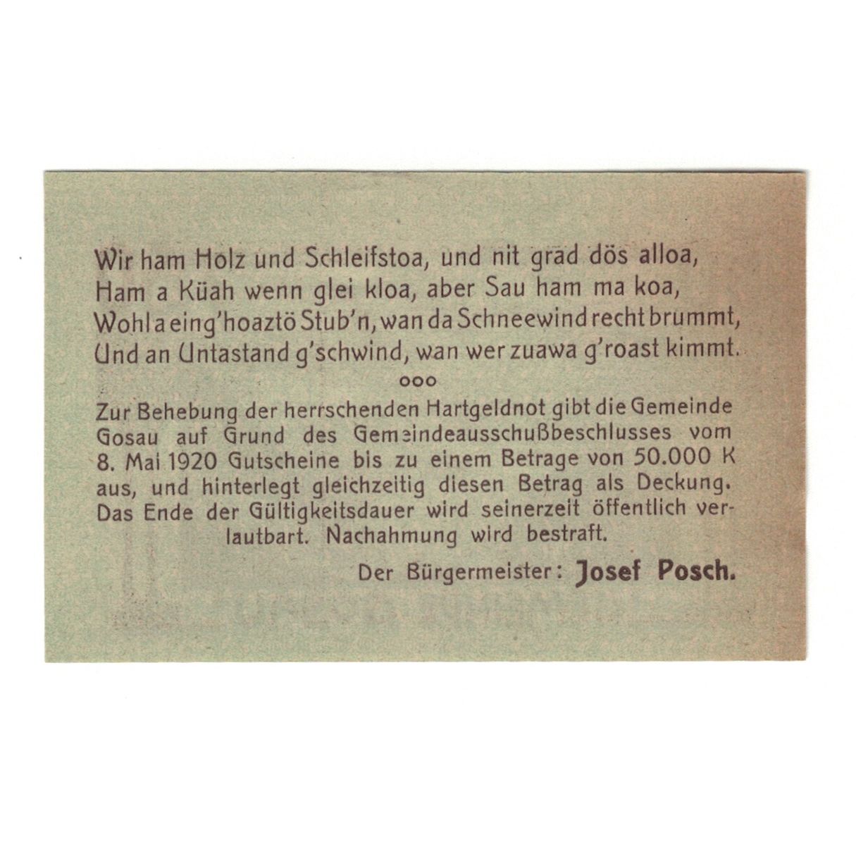 Billete, Austria, Gosau O.Ö. Gemeinde, 50 Heller, Texte, 1920, 1920-05-08, EBC
