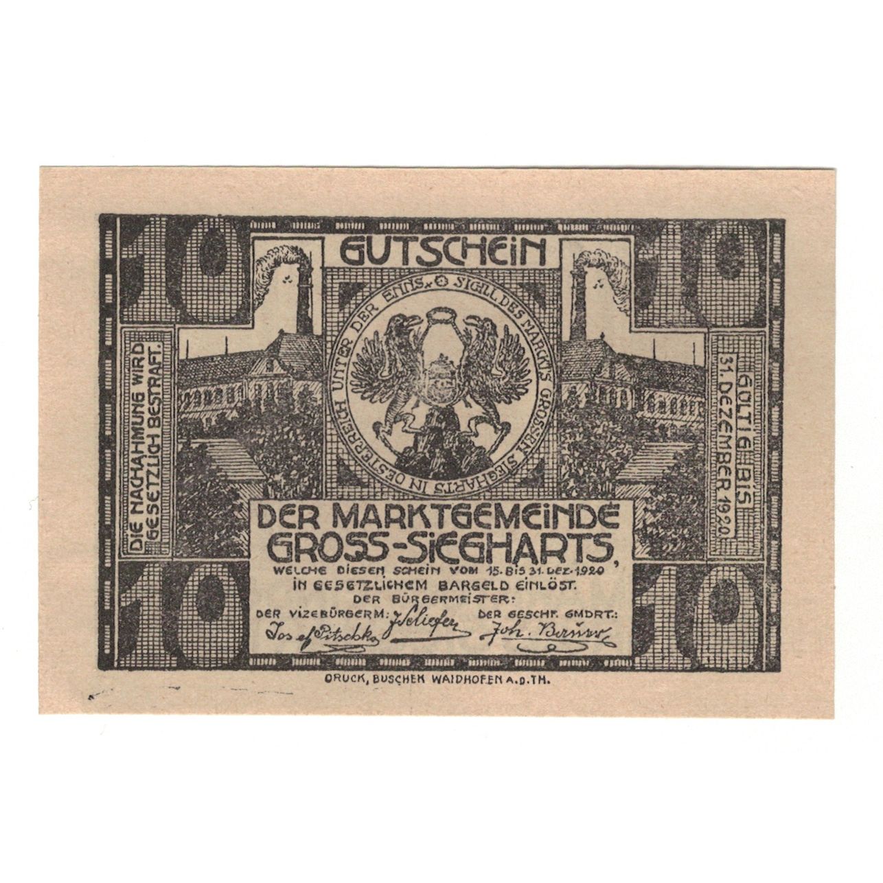 Billet, Autriche, Gross-Siegharts N.Ö. Gemeinde, 10 Heller, personnage, 1920