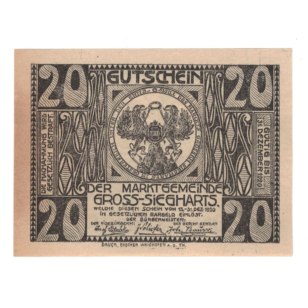 Nota, Áustria, Gross-Siegharts N.Ö. Gemeinde, 20 Heller, Clocher, 1920