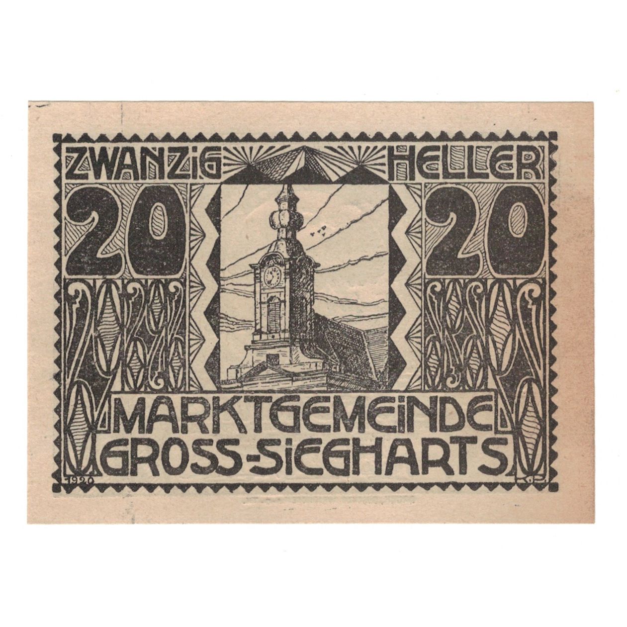 Nota, Áustria, Gross-Siegharts N.Ö. Gemeinde, 20 Heller, Clocher, 1920