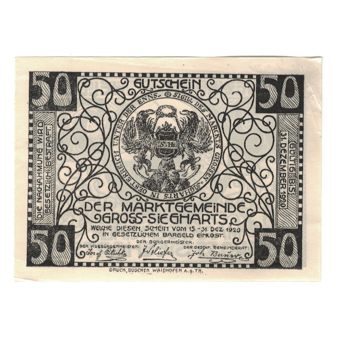 Banknot, Austria, Gross-Siegharts N.Ö. Gemeinde, 50 Heller, château, 1920