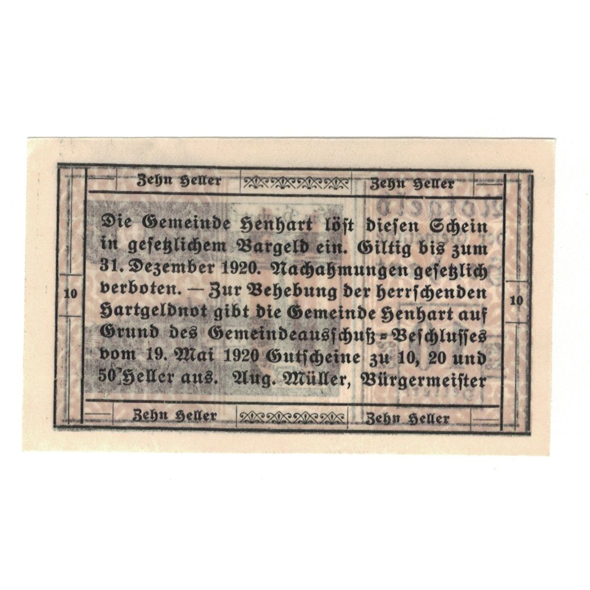 Banknot, Austria, Henhart O.Ö. Gemeinde, 10 Heller, Texte, 1920, 1920-12-31