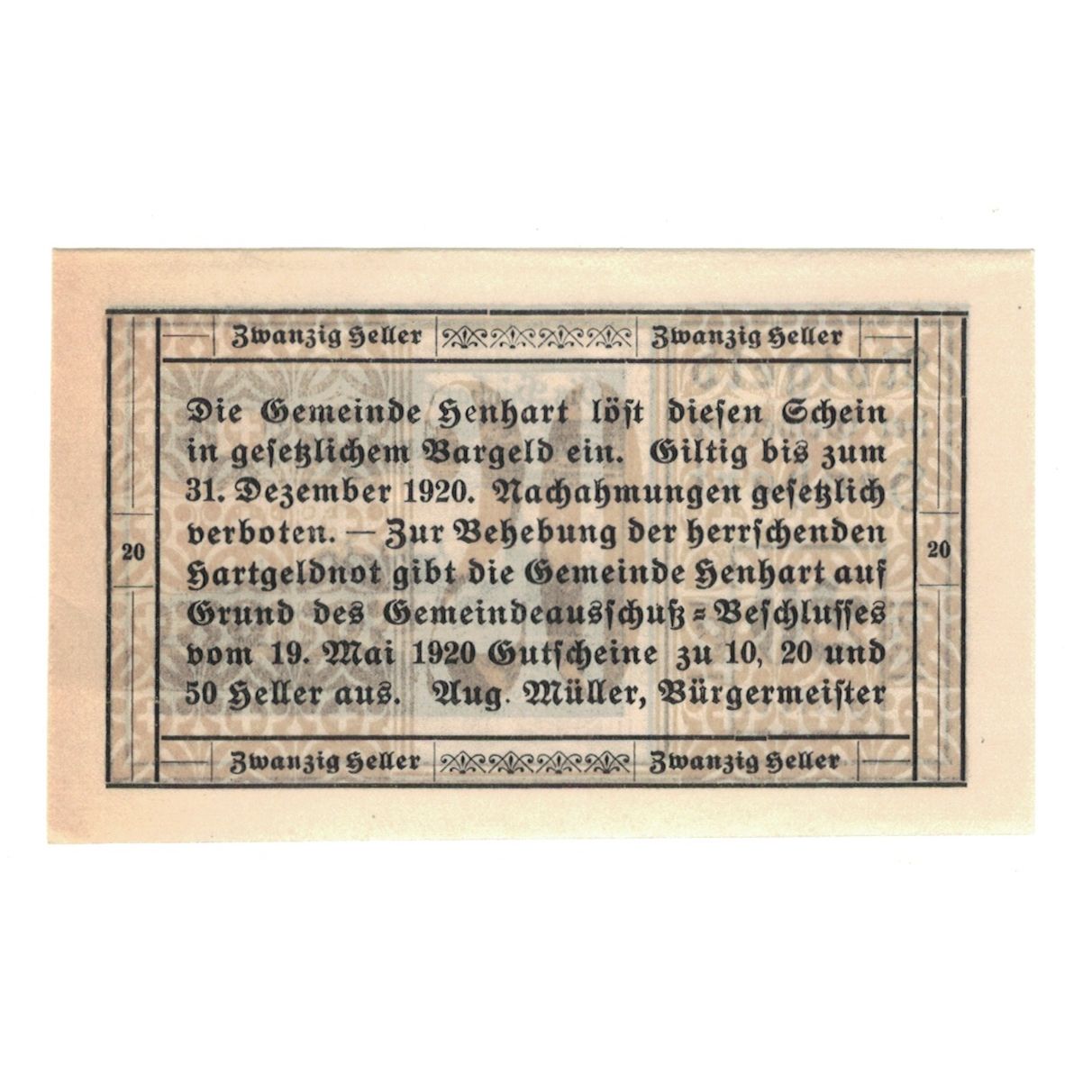 Banknot, Austria, Henhart O.Ö. Gemeinde, 20 Heller, Texte, 1920, 1920-12-31