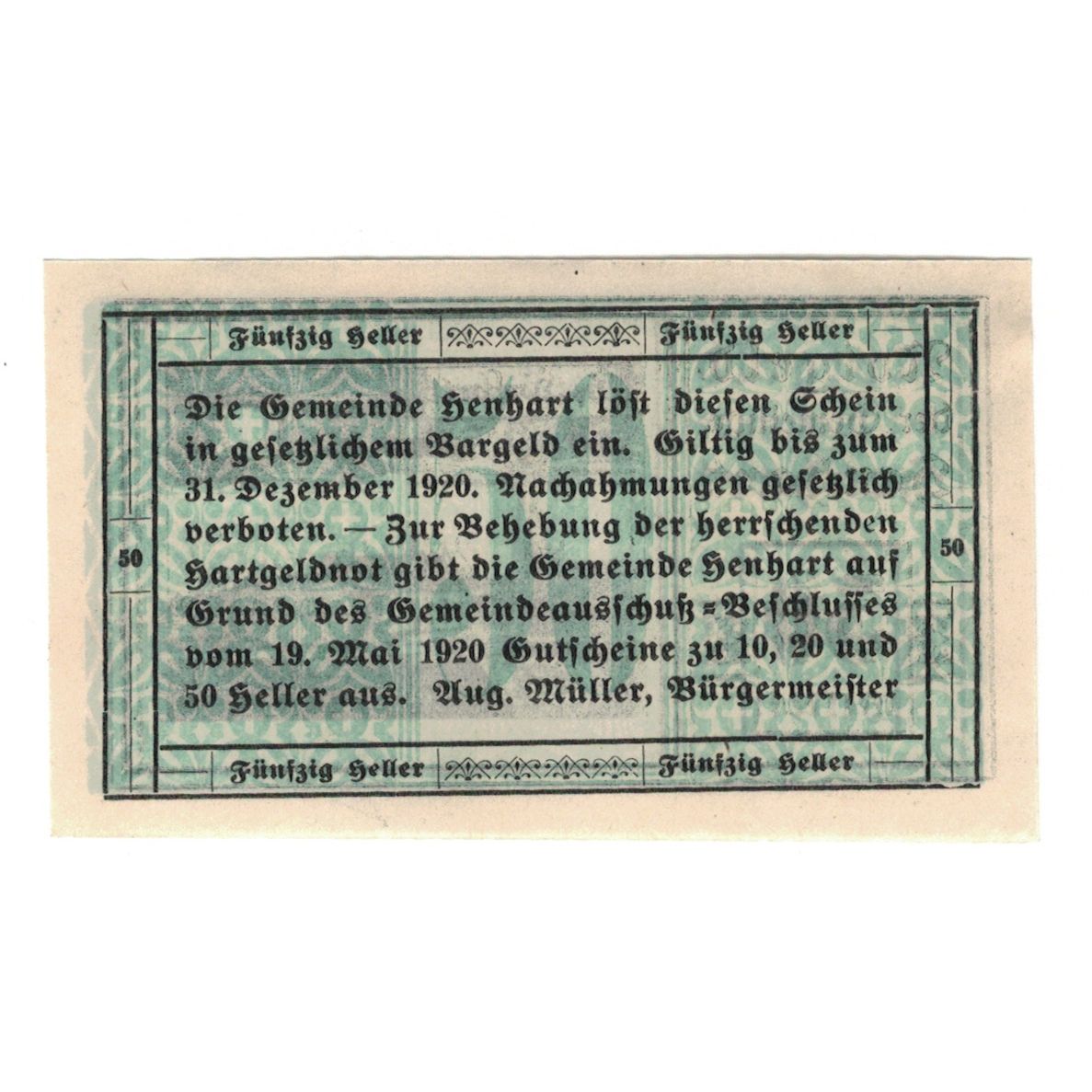 Banknot, Austria, Henhart O.Ö. Gemeinde, 50 Heller, Texte, 1920, 1920-12-31