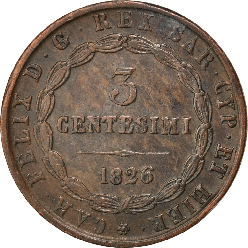 ITALIAN STATES, 3 Centesimi, 1826, Torino, KM #126.1, AU(50-53), Copper, 23,...