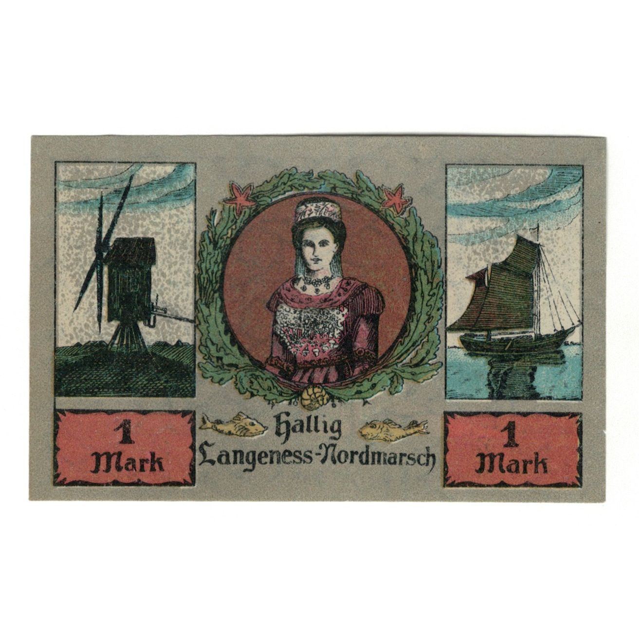 Banconote, Germania, Langeness-Nordmarsch Hallig, 1 Mark, Mobilier, 1921
