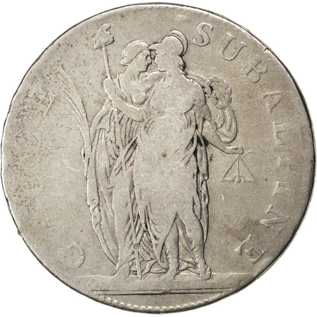 Munten, Italiaanse staten, PIEDMONT REPUBLIC, 5 Francs, 1801, ZG+, Zilver, KM:4
