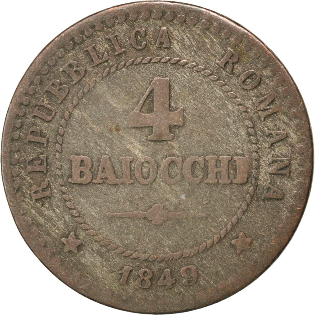 ITALIAN STATES, 4 Baiocchi, 1849, Roma, KM #24, VF(30-35), Silver, 1.92