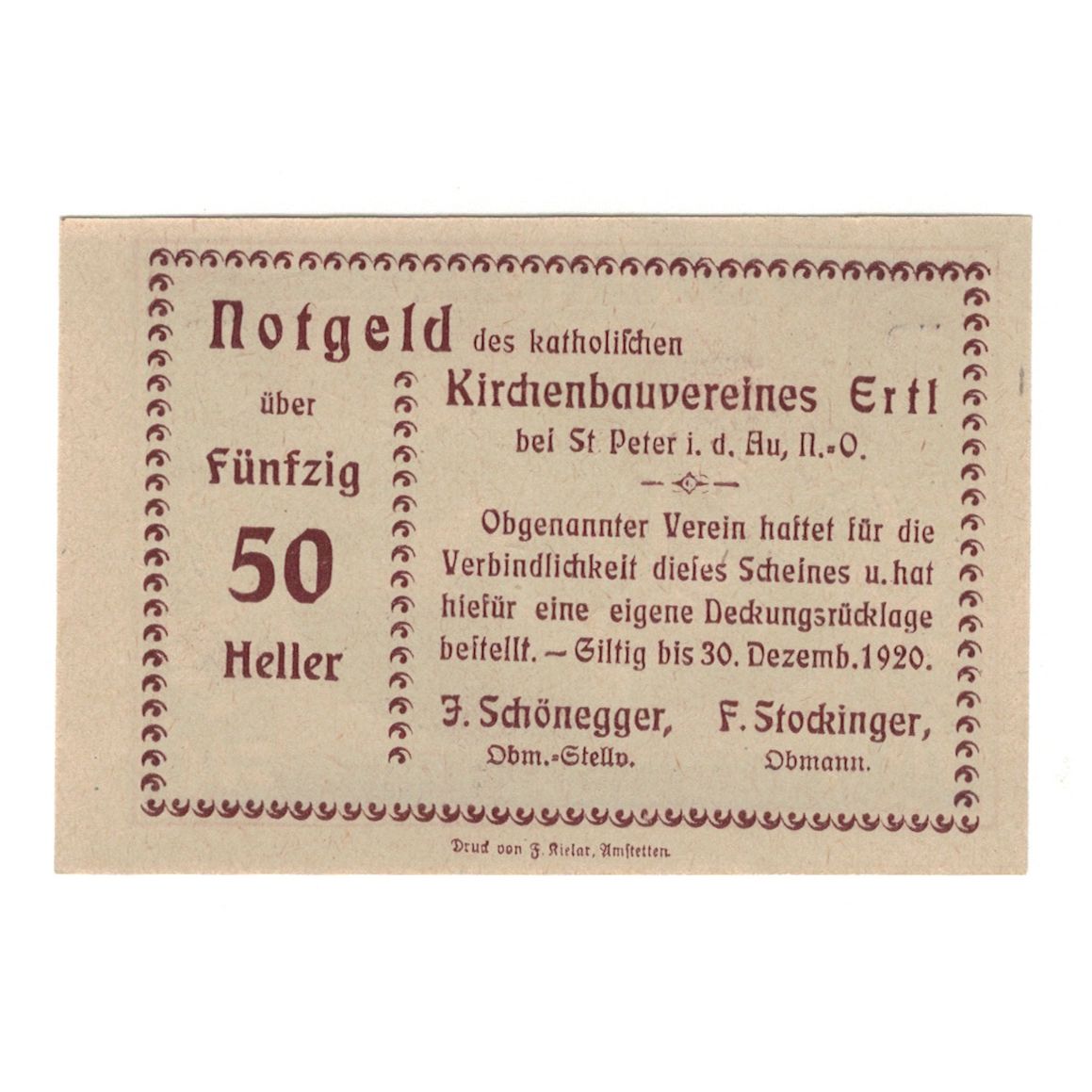 Banknote, Austria, Ertl N.Ö. Prv. Katholischer Kirchenbauverein Ertl, 50