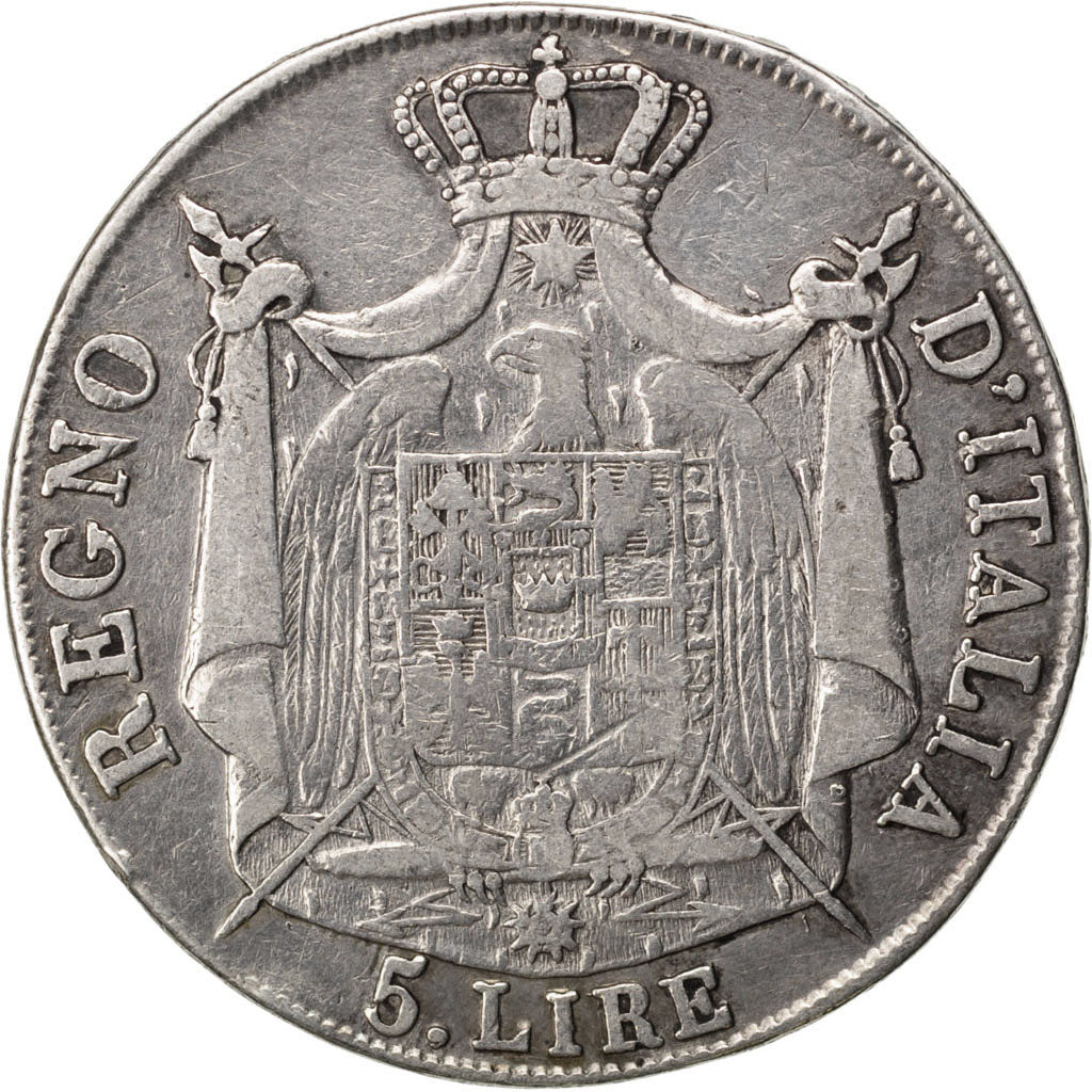 ITALIAN STATES, 5 Lire, 1808, Milan, KM #10.1, VF(20-25), Silver, 24.54