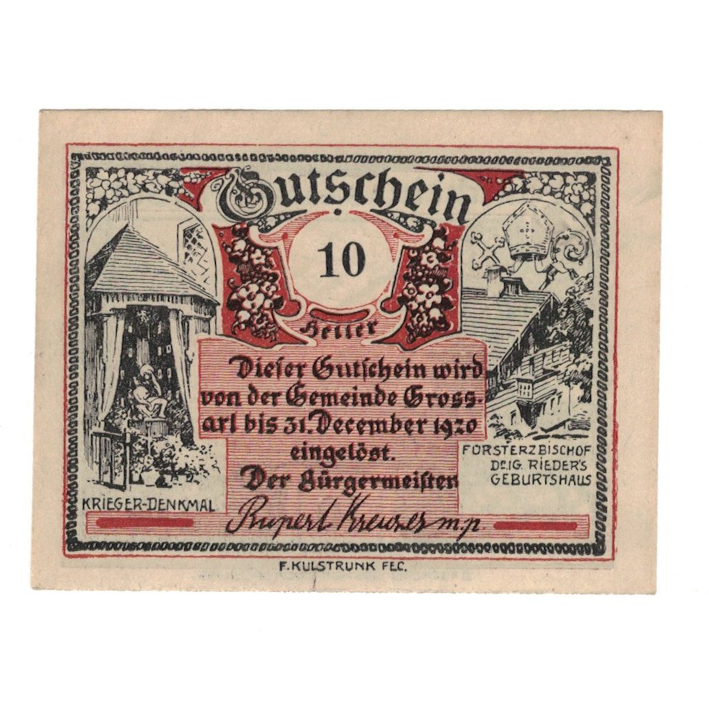 Nota, Áustria, Grossarl Sbg. Gemeinde, 10 Heller, paysage, 1920, 1920-12-31