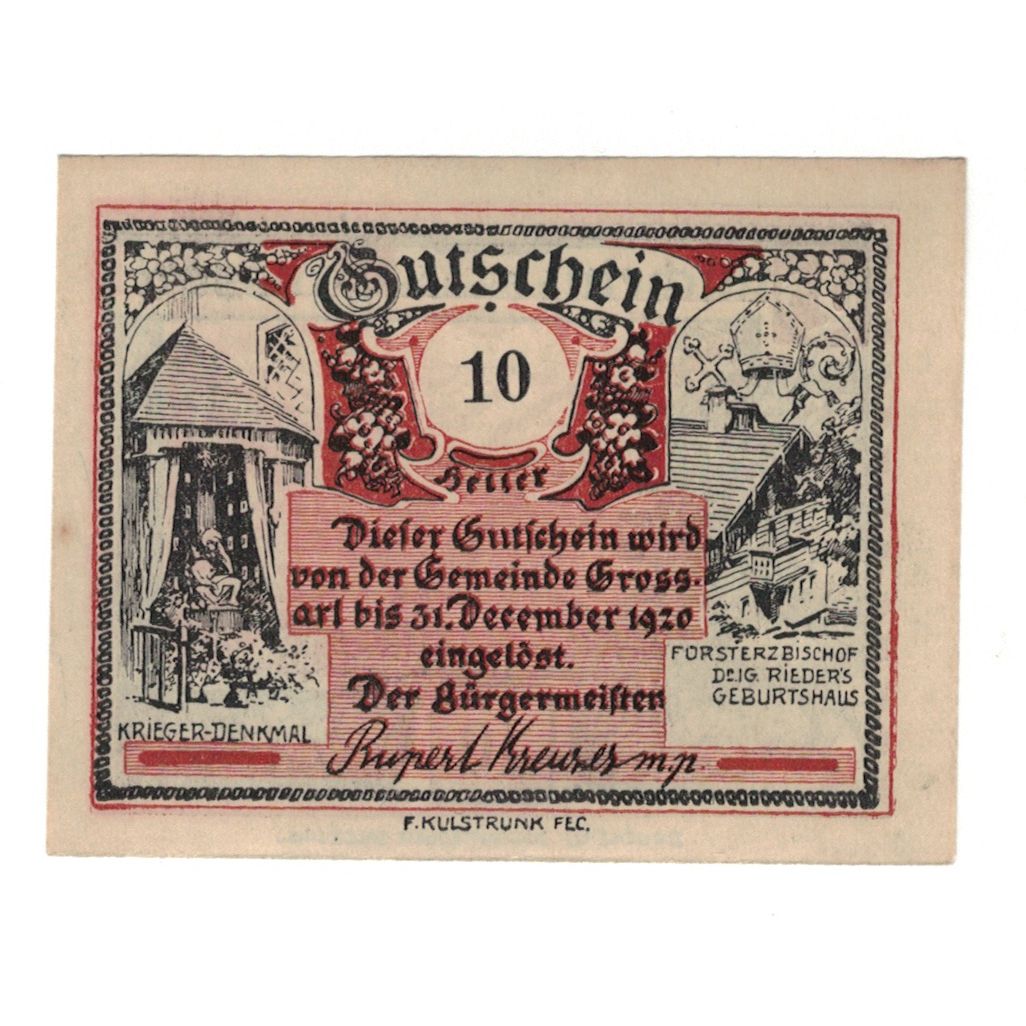 Nota, Áustria, Grossarl Sbg. Gemeinde, 10 Heller, paysage 1, 1920, 1920-12-31