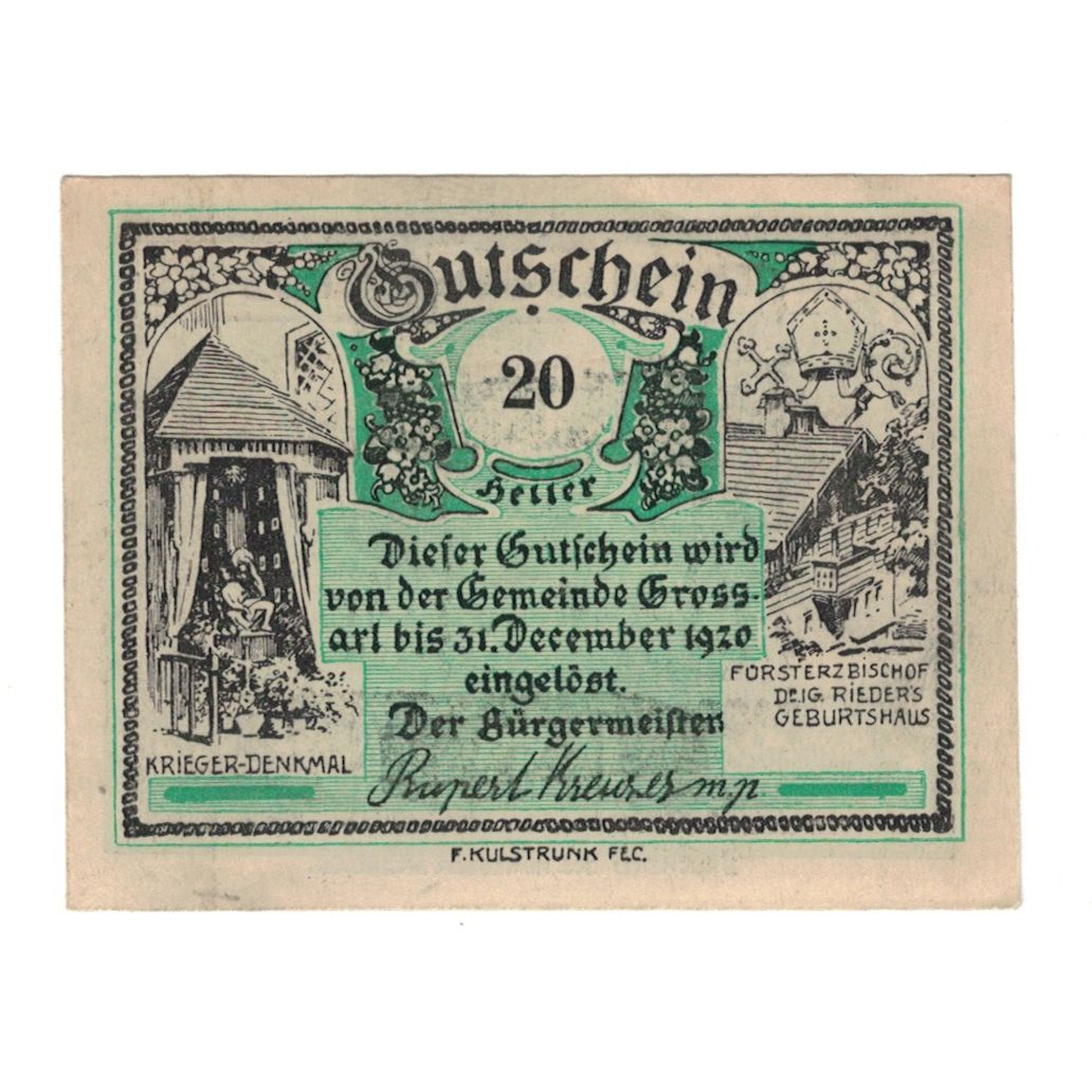 Billet, Autriche, Grossarl Sbg. Gemeinde, 20 Heller, paysage 1, 1920
