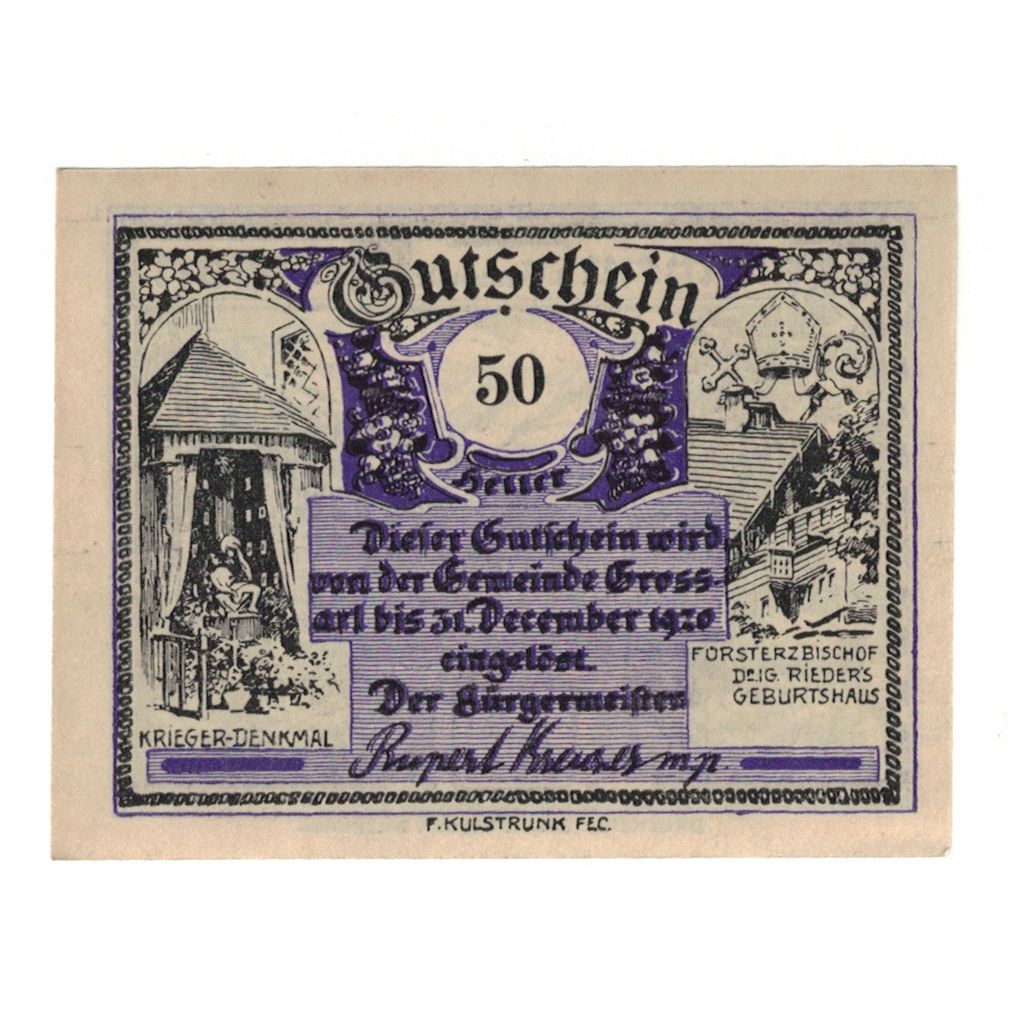 Billet, Autriche, Grossarl Sbg. Gemeinde, 50 Heller, paysage, 1920, 1920-12-31