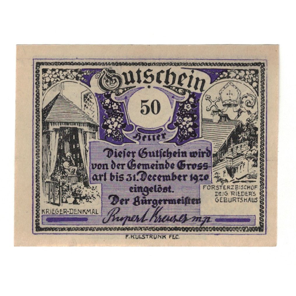 Billet, Autriche, Grossarl Sbg. Gemeinde, 50 Heller, paysage 1, 1920