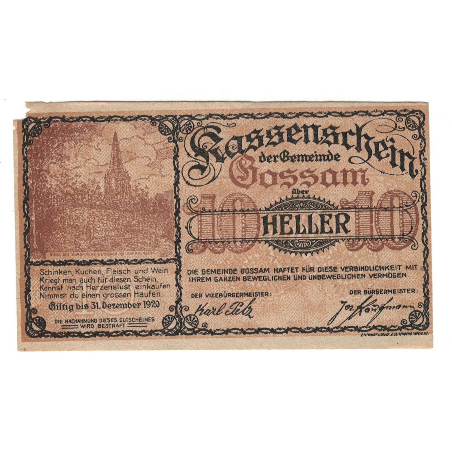 Billet, Autriche, Gossam N.Ö. Gemeinde, 10 Heller, N.D, 1920, 1920-12-31, SUP