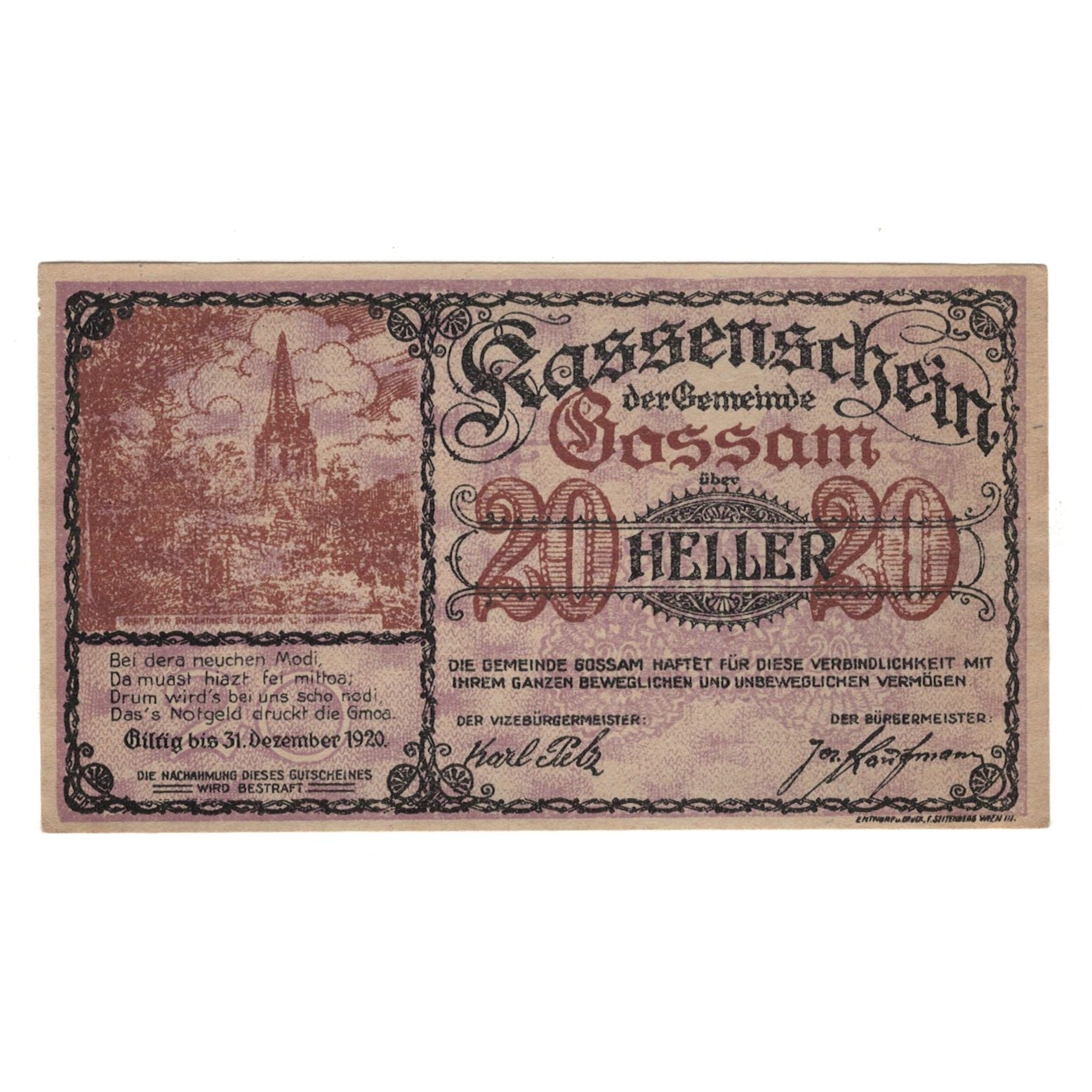 Billet, Autriche, Gossam N.Ö. Gemeinde, 20 Heller, N.D, 1920, 1920-12-31, SUP