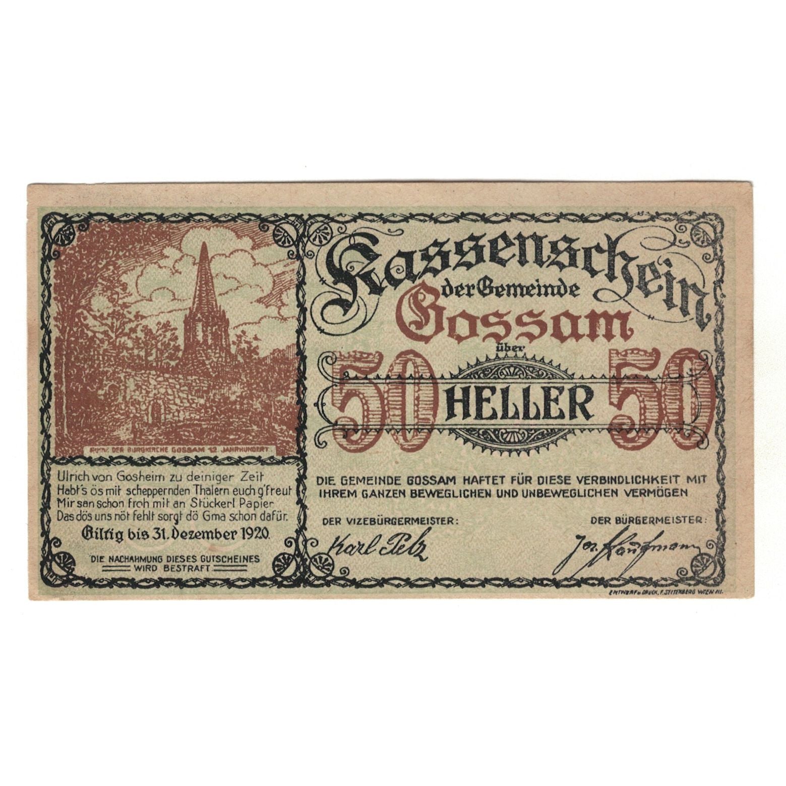 Billet, Autriche, Gossam N.Ö. Gemeinde, 50 Heller, N.D, 1920, 1920-12-31, SUP