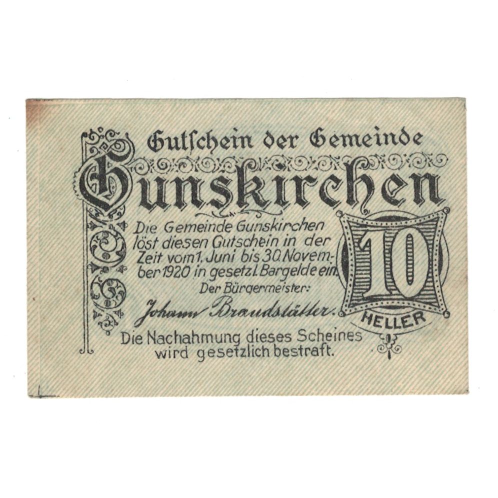 Billet, Autriche, Gunskirchen O.Ö. Gemeinde, 10 Heller, Batiment, 1920