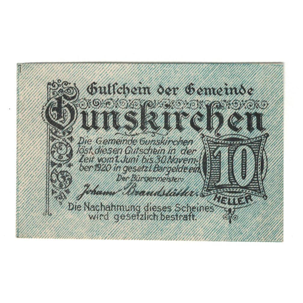 Billet, Autriche, Gunskirchen O.Ö. Gemeinde, 10 Heller, batiment 1, 1920