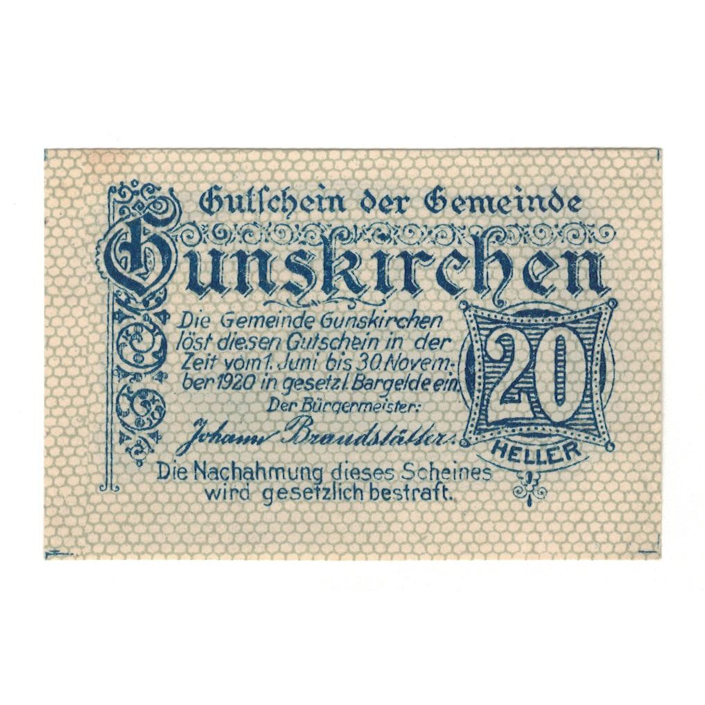 Billet, Autriche, Gunskirchen O.Ö. Gemeinde, 20 Heller, Batiment, 1920