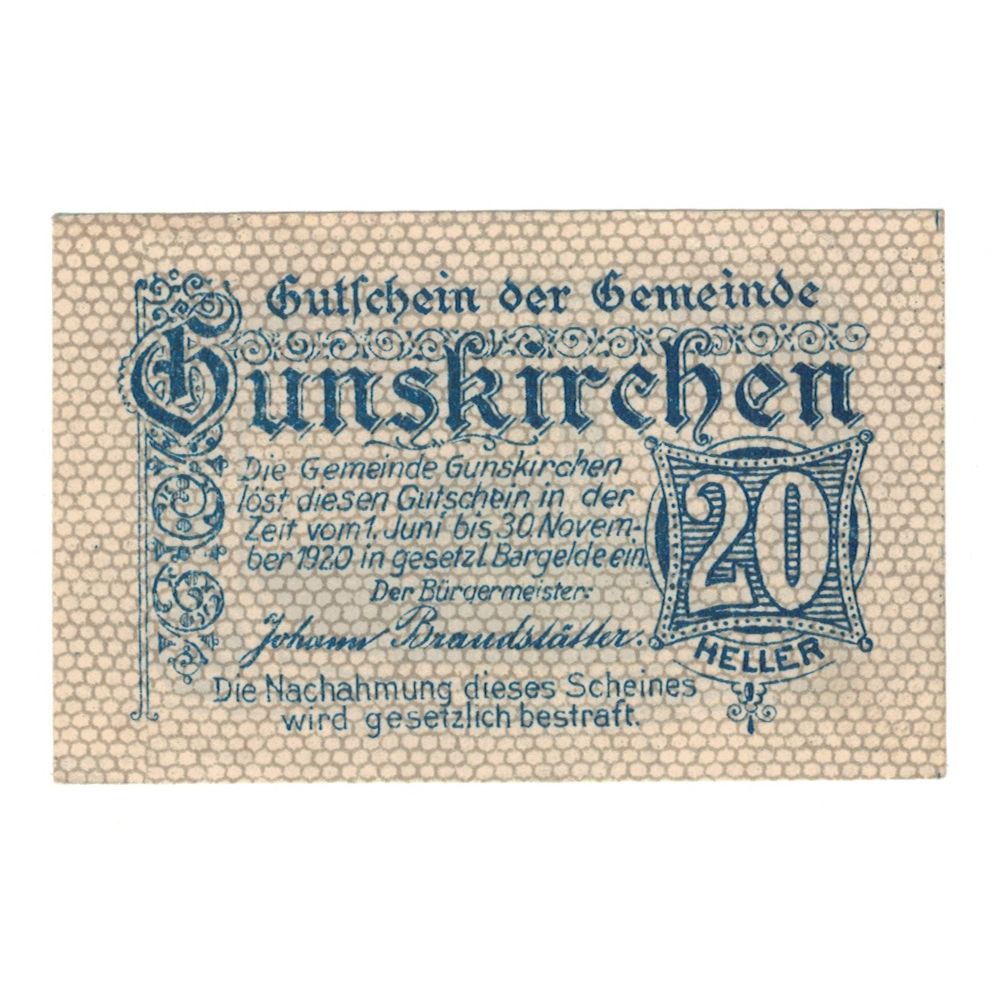 Billet, Autriche, Gunskirchen O.Ö. Gemeinde, 20 Heller, batiment 1, 1920