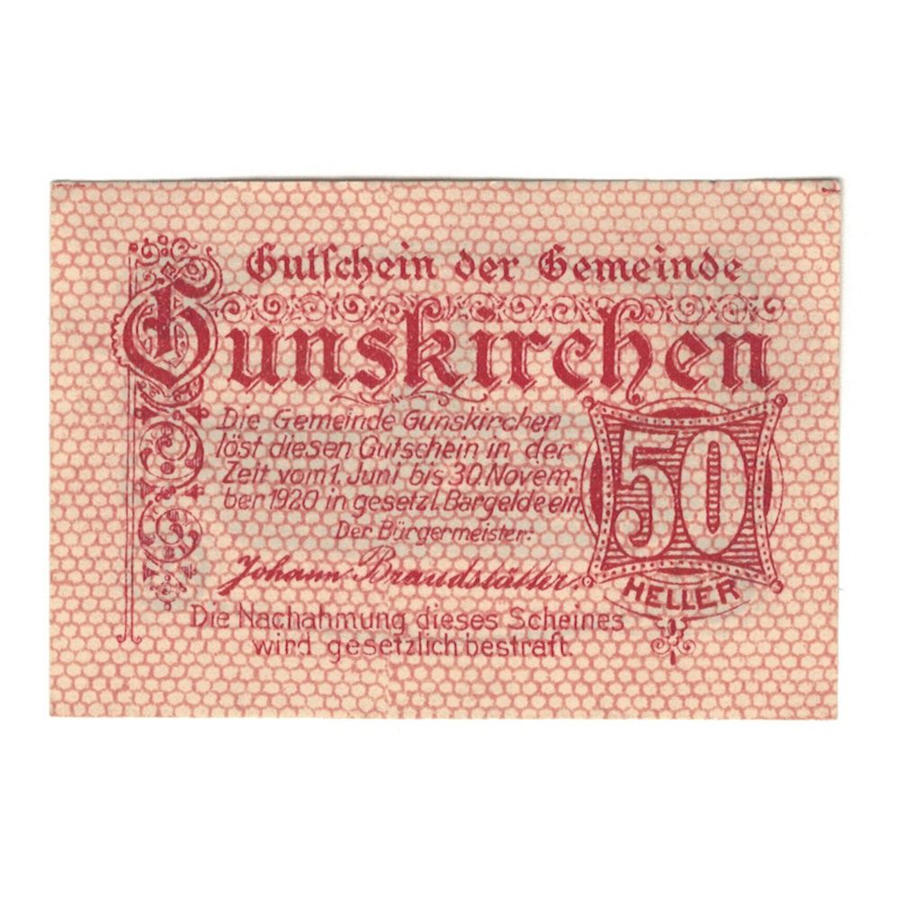 Billet, Autriche, Gunskirchen O.Ö. Gemeinde, 50 Heller, Batiment, 1920