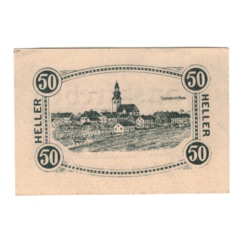 Billet, Autriche, Gunskirchen O.Ö. Gemeinde, 50 Heller, Batiment, 1920