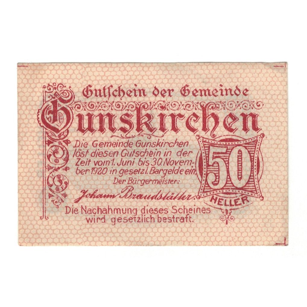 Billet, Autriche, Gunskirchen O.Ö. Gemeinde, 50 Heller, batiment 1, 1920