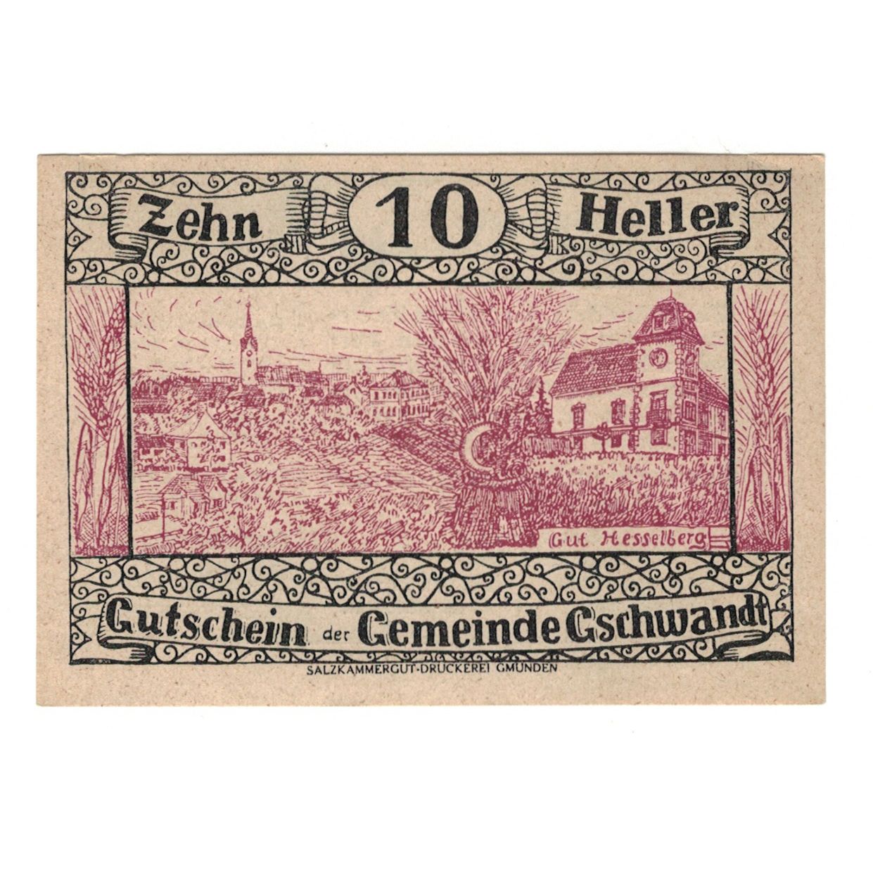 Billet, Autriche, Gschwandt O.Ö. Gemeinde, 10 Heller, texte 1, 1920