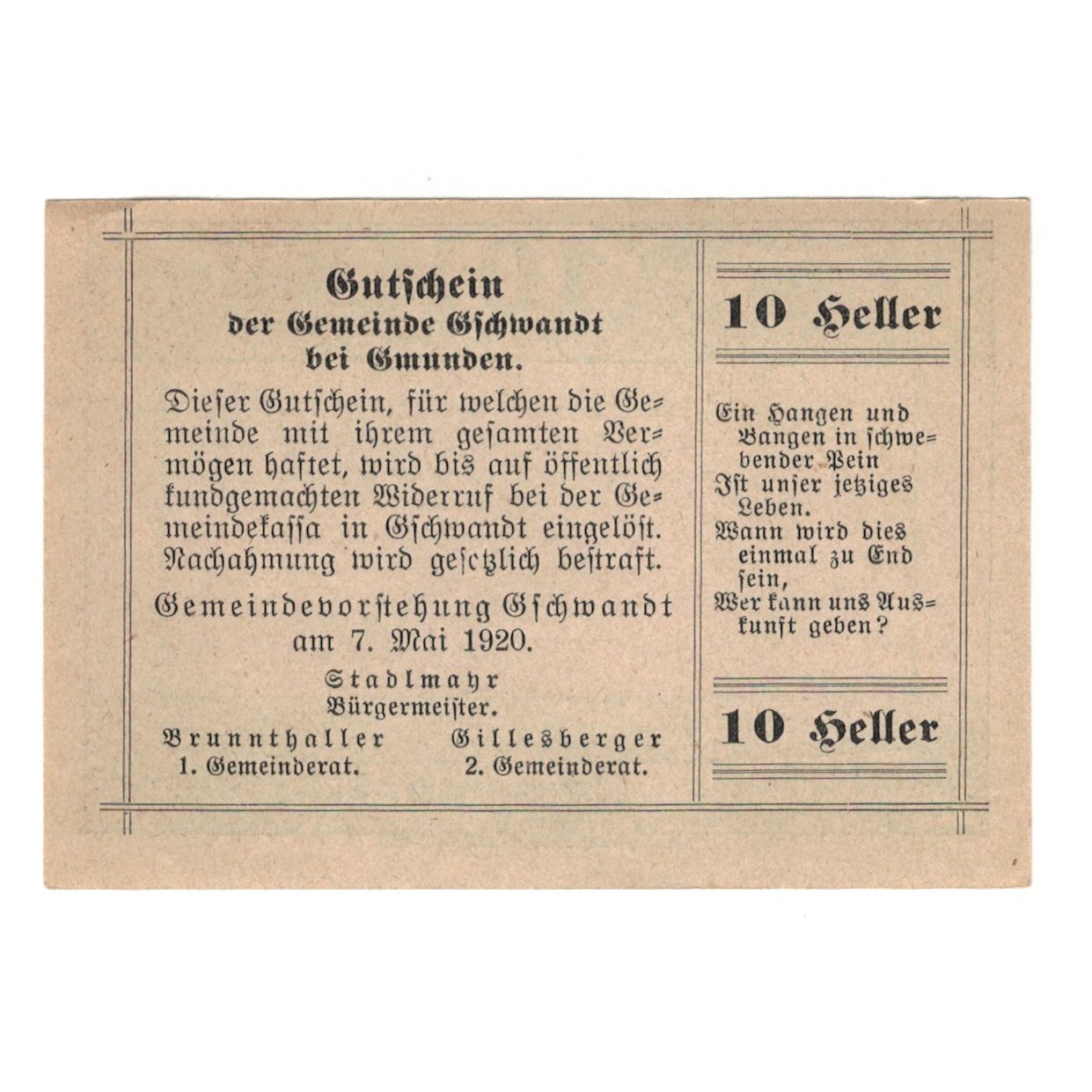 Billet, Autriche, Gschwandt O.Ö. Gemeinde, 10 Heller, texte 1, 1920