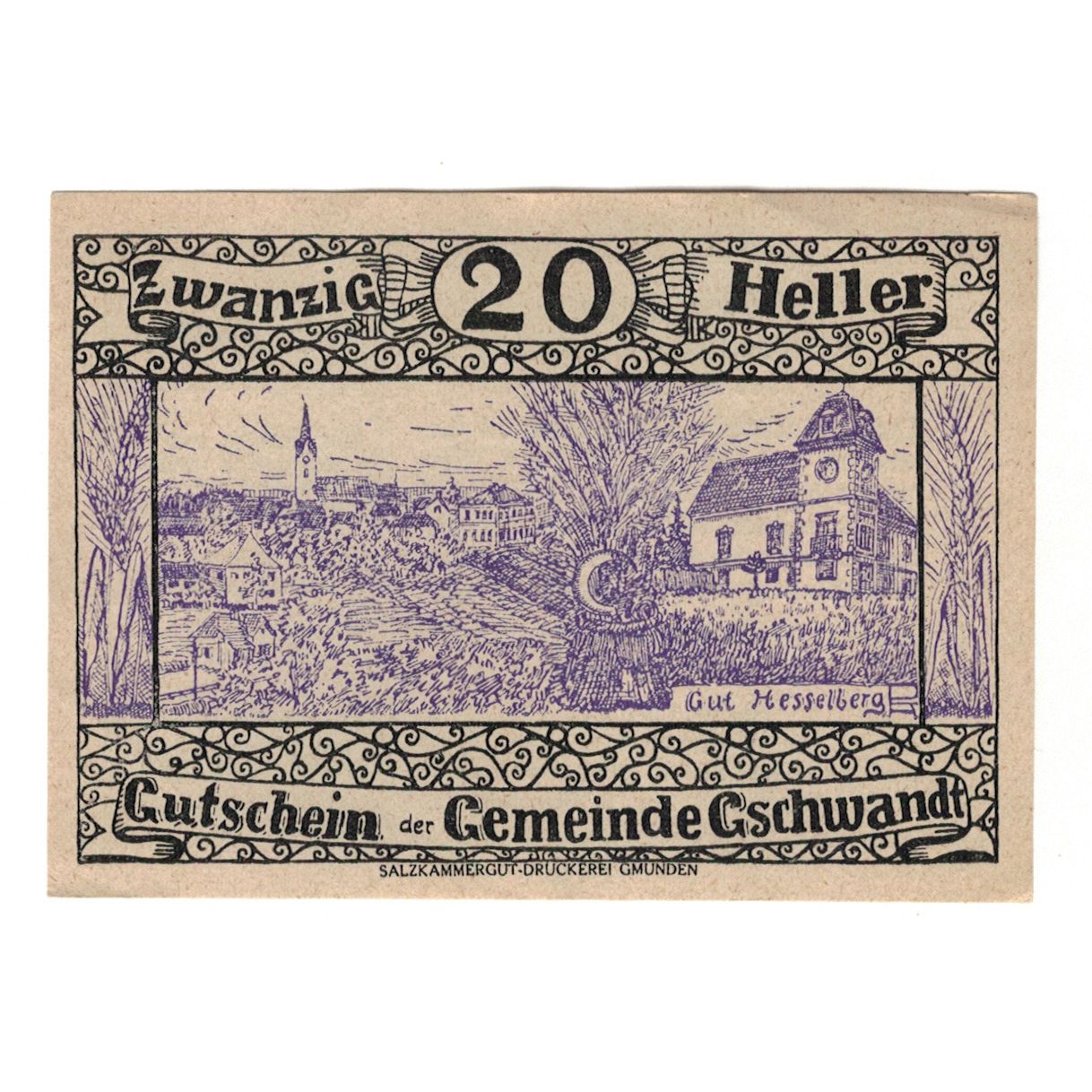 Banknote, Austria, Gschwandt O.Ö. Gemeinde, 20 Heller, Texte, 1920, 1920-05-07