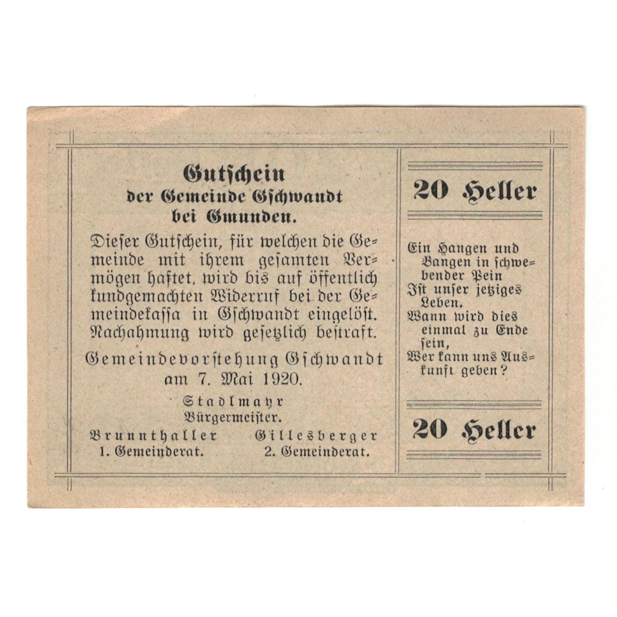Banknote, Austria, Gschwandt O.Ö. Gemeinde, 20 Heller, Texte, 1920, 1920-05-07
