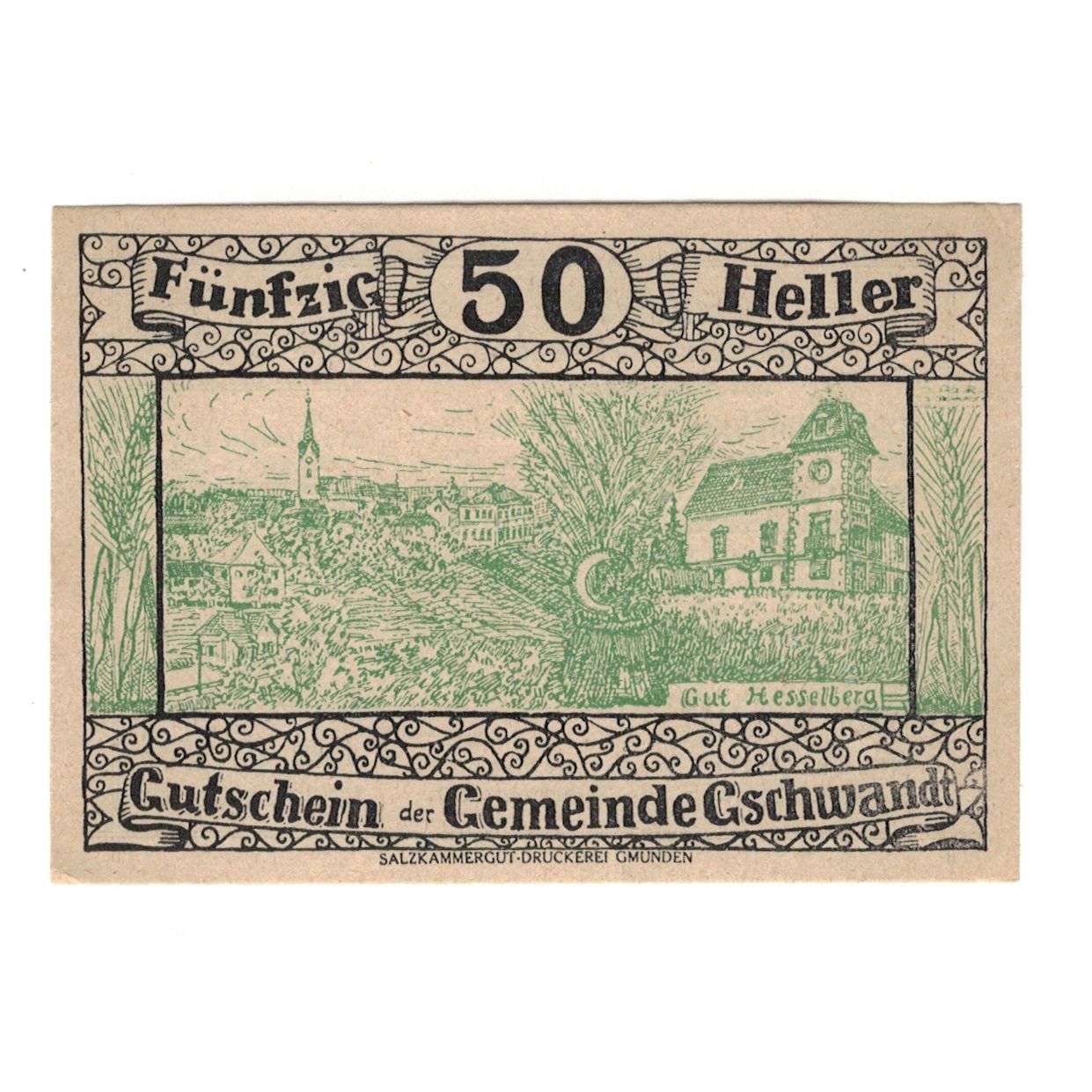 Billet, Autriche, Gschwandt O.Ö. Gemeinde, 50 Heller, Texte, 1920, 1920-05-07