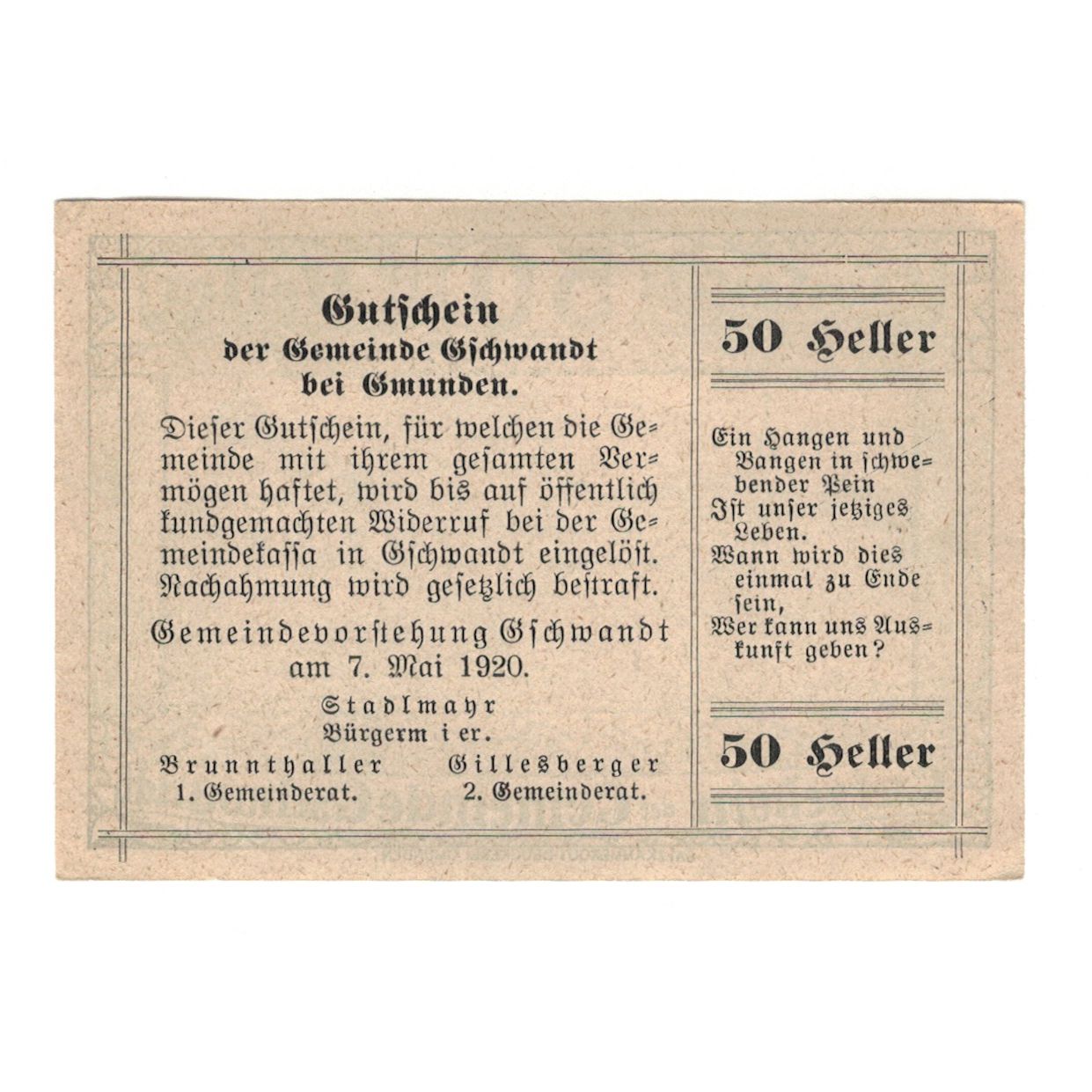Billet, Autriche, Gschwandt O.Ö. Gemeinde, 50 Heller, Texte, 1920, 1920-05-07