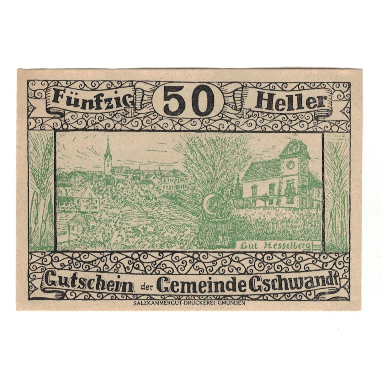 Banknote, Austria, Gschwandt O.Ö. Gemeinde, 50 Heller, texte 1, 1920